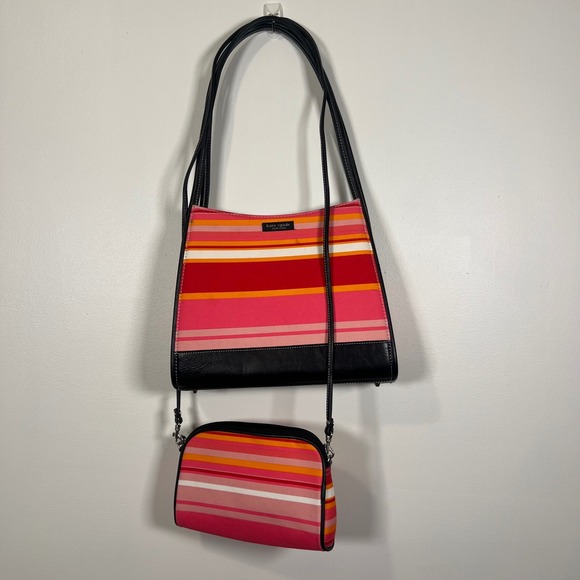 kate spade Handbags - Kate Spade Striped Canvas Shoulder Bag and Crossbody Set Pink Orange Red